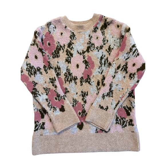 Zara Sweaters - Zara Women Pink Floral Knit Crewneck Sweater Tan Green Abstract Size S